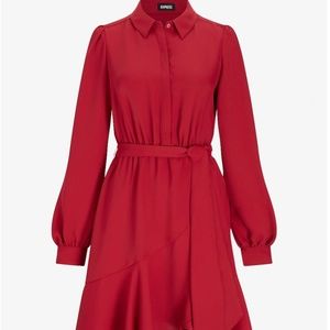 Deep Red Belted Ruffle Dress